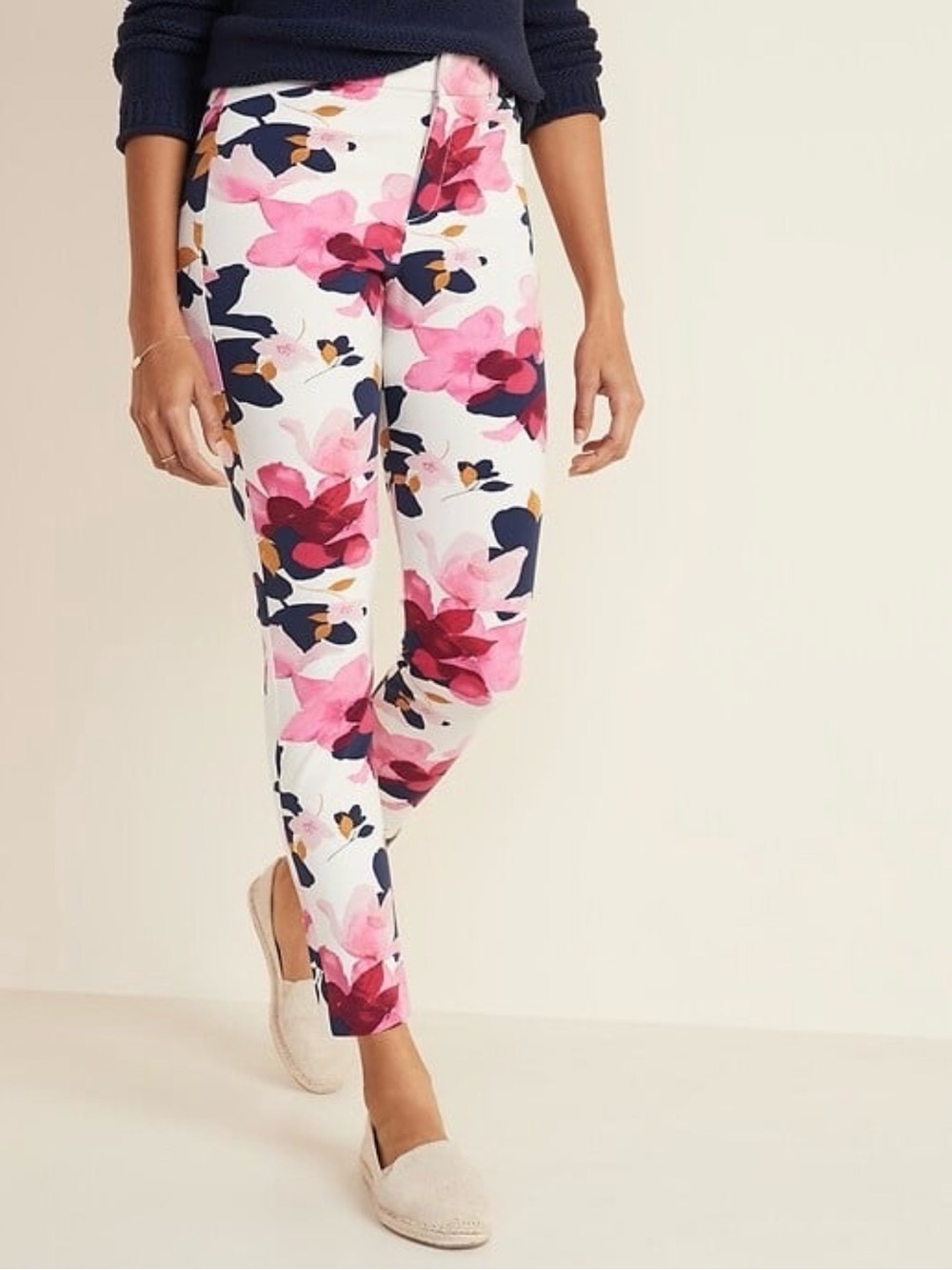Old Navy White Ankle Pants with Pink Floral Print